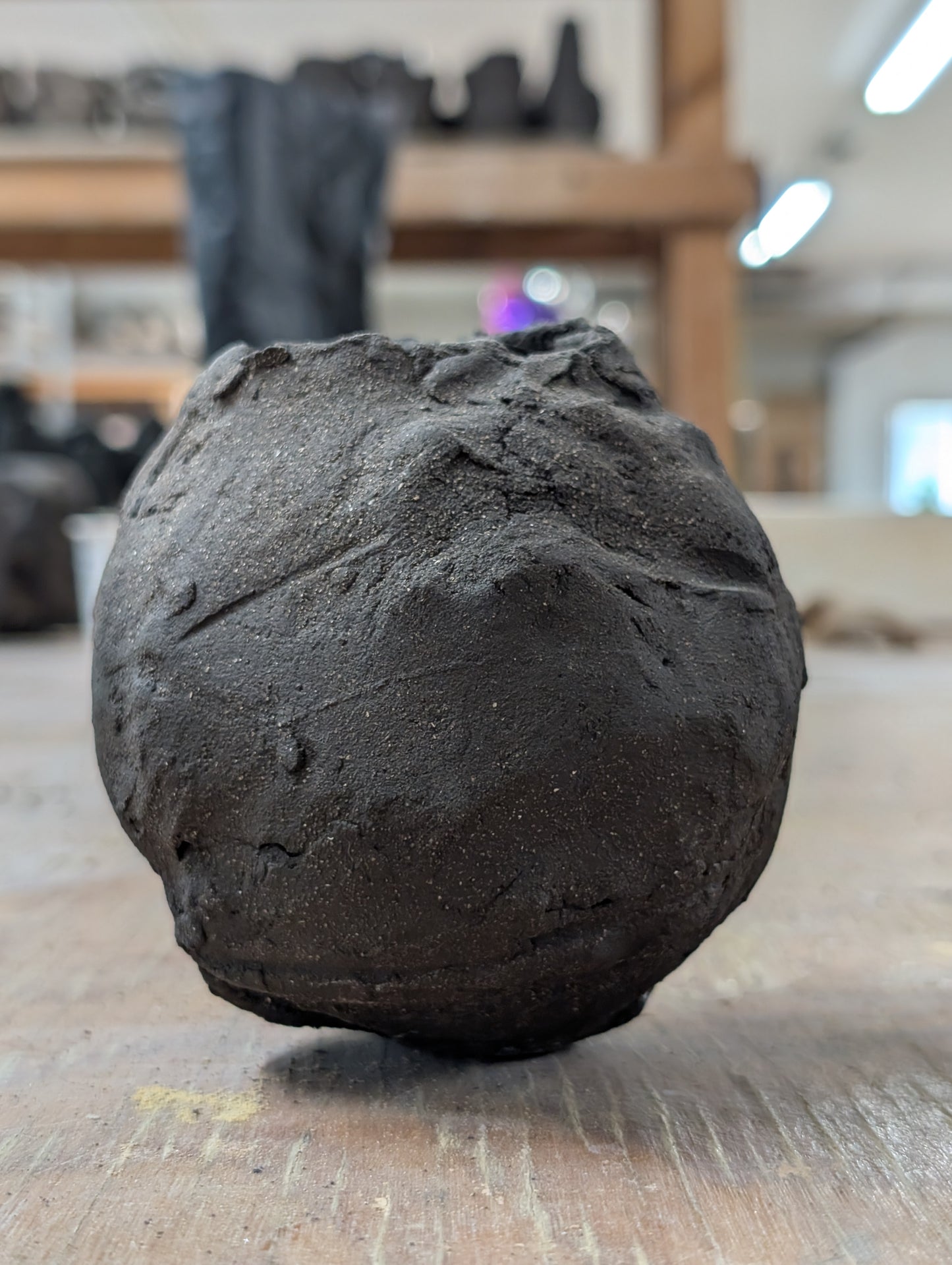 Handbuilt Black Stoneware Vessel - Raw, Sculptural Form: Ceramic Piece 1767