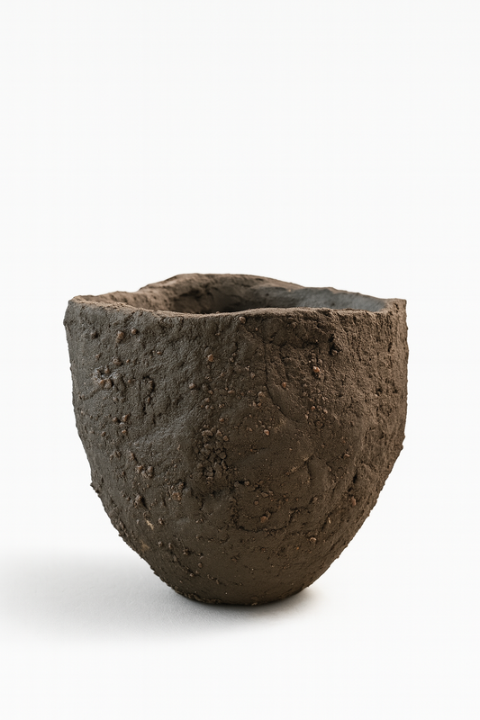 Ceramic Piece 1745: Handbuilt Black Clay Vessel – Raw Fired with Mineral Texture and Organic Form
