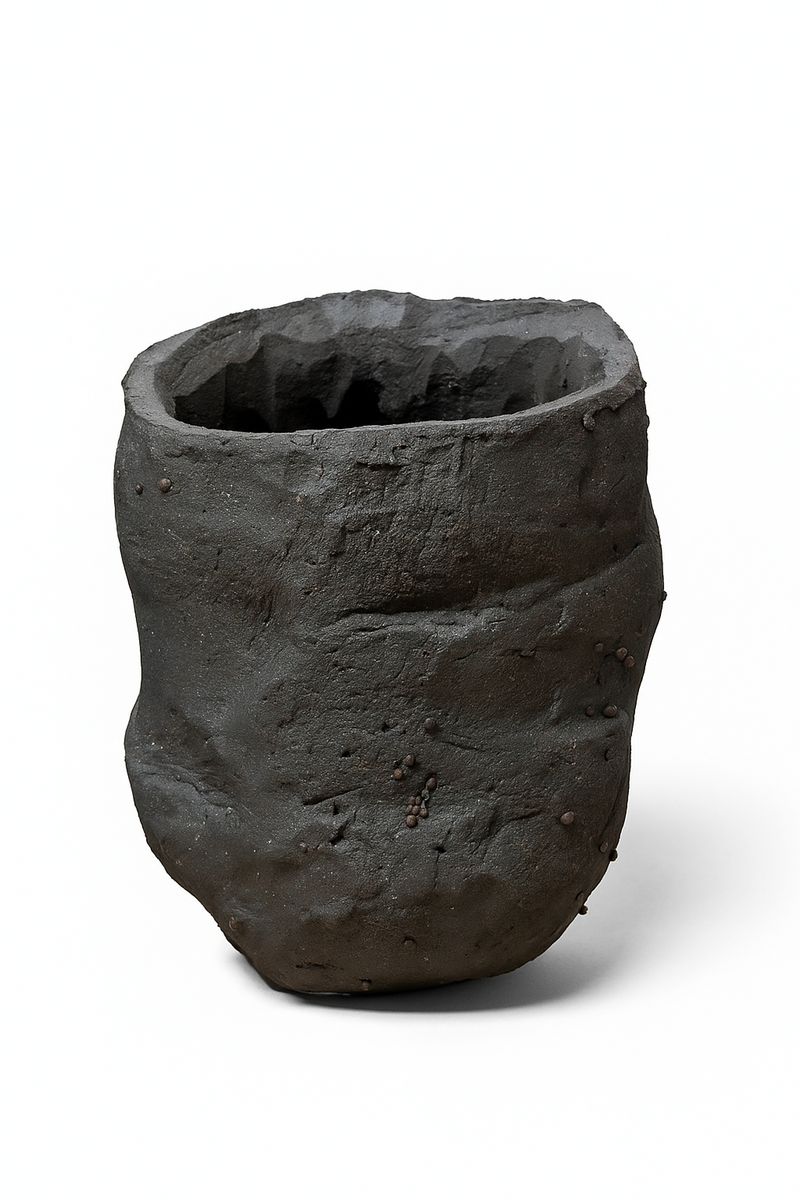Handmade Black Stoneware Vessel – Raw Sculptural Texture: Ceramic Piece 1737