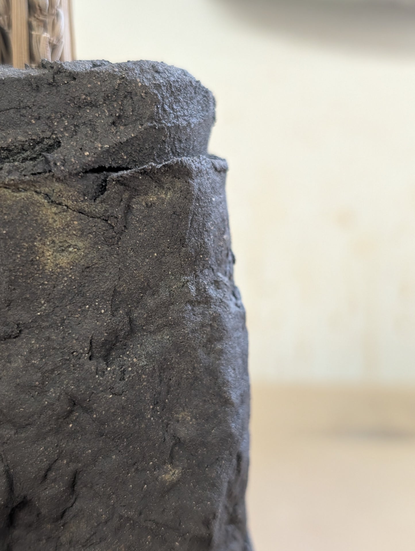 Ceramic Piece 1749: Handbuilt Black Clay Vase – Raw Sculptural Form with Organic Wrinkled Surface