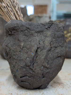 Ceramic Piece 1750: Handbuilt Black Clay Vase – Raw Sculptural Form with Organic Wrinkled Surface