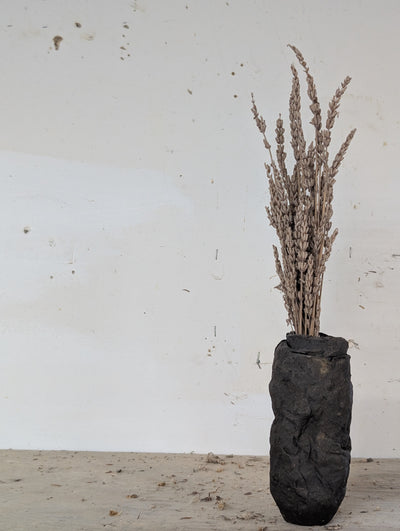 Ceramic Piece 1749: Handbuilt Black Clay Vase – Raw Sculptural Form with Organic Wrinkled Surface