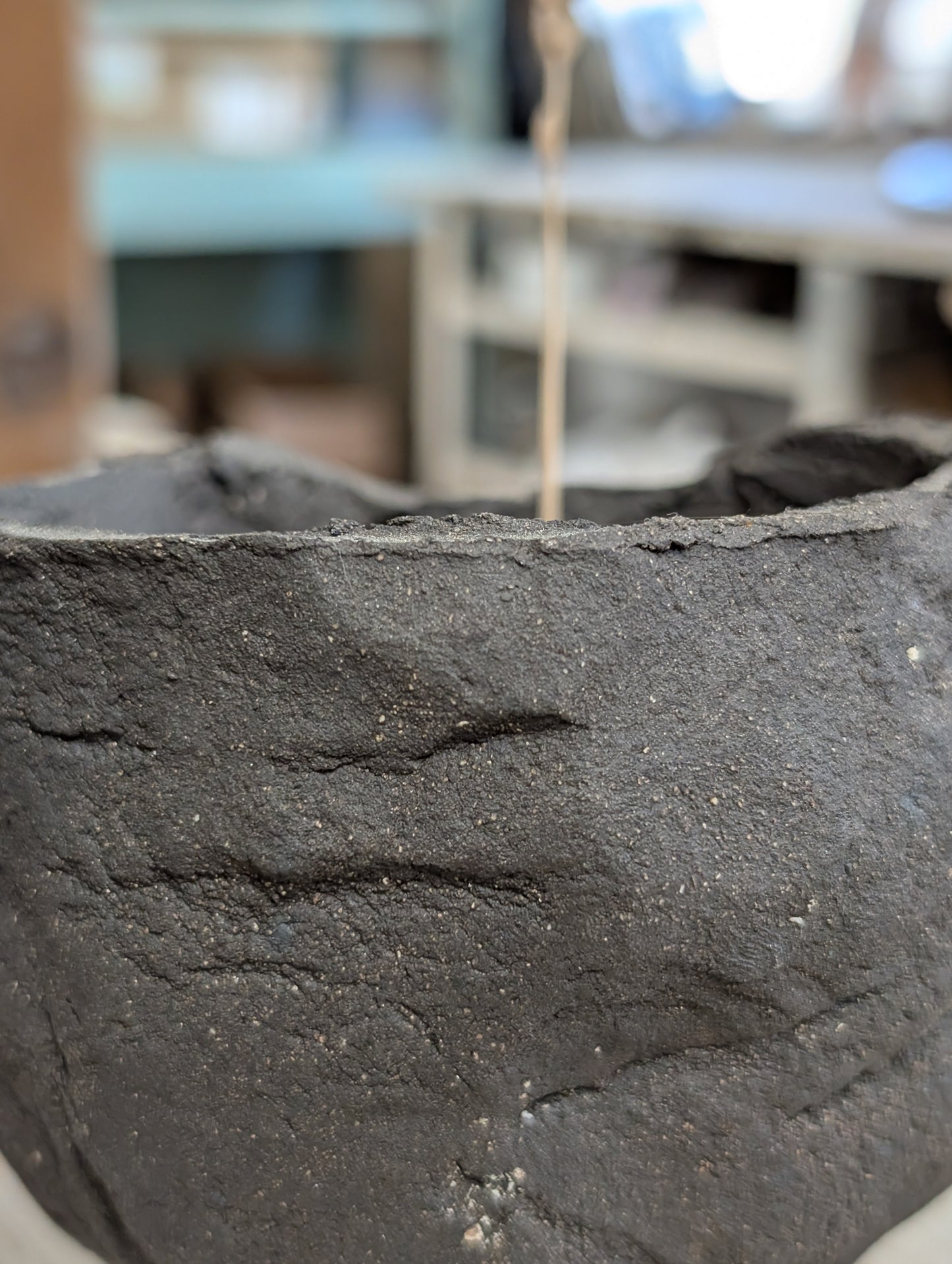 Handbuilt Black Clay Vessel – Raw Fired with Impressed Linework and Gentle Folds: Ceramic Piece 1753