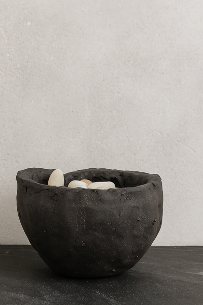 Handcrafted Black Stoneware Bowl – Organic Textured Form: Ceramic Piece 1729