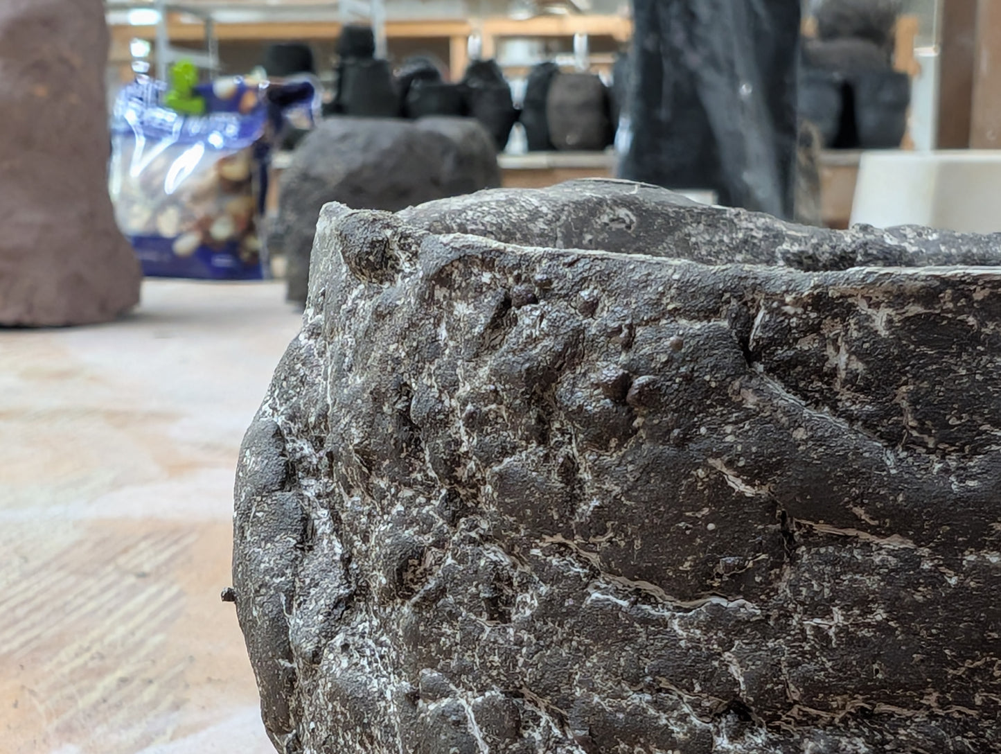 Handbuilt Black Stoneware Vessel - Weathered Stone Finish: Ceramic Piece 1769