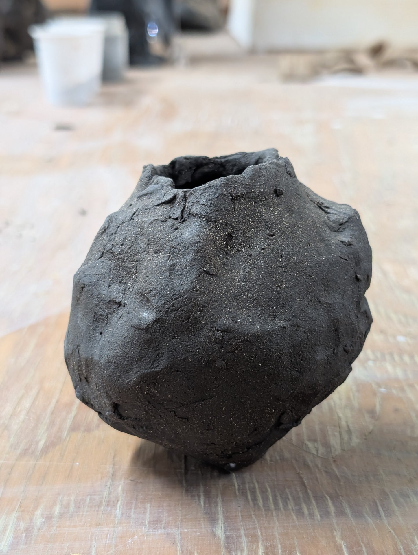 Handbuilt Black Stoneware Vessel - Raw, Sculptural Form: Ceramic Piece 1767