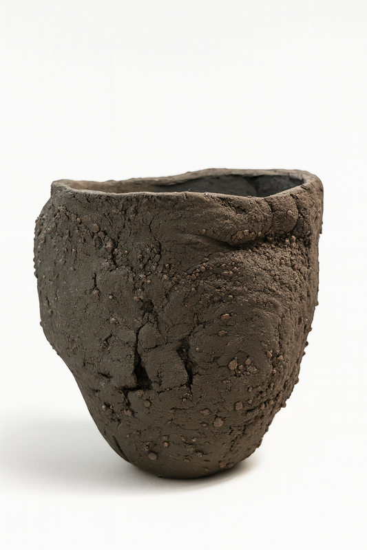 Handbuilt Black Clay Sculptural Vessel – Raw Fired with Organic Cracks and Mineral Texture: Ceramic Piece 1746
