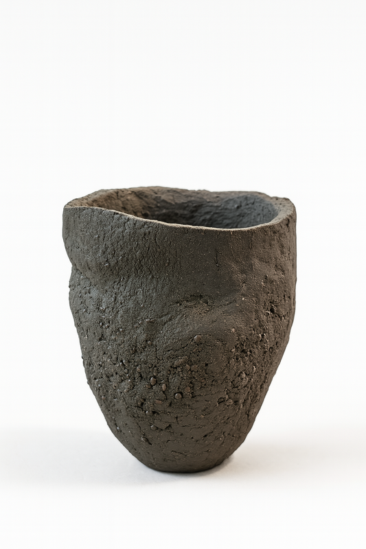 Handbuilt Black Clay Vessel – Raw Fired Sculptural Form with Subtle Texture: Ceramic Piece 1747