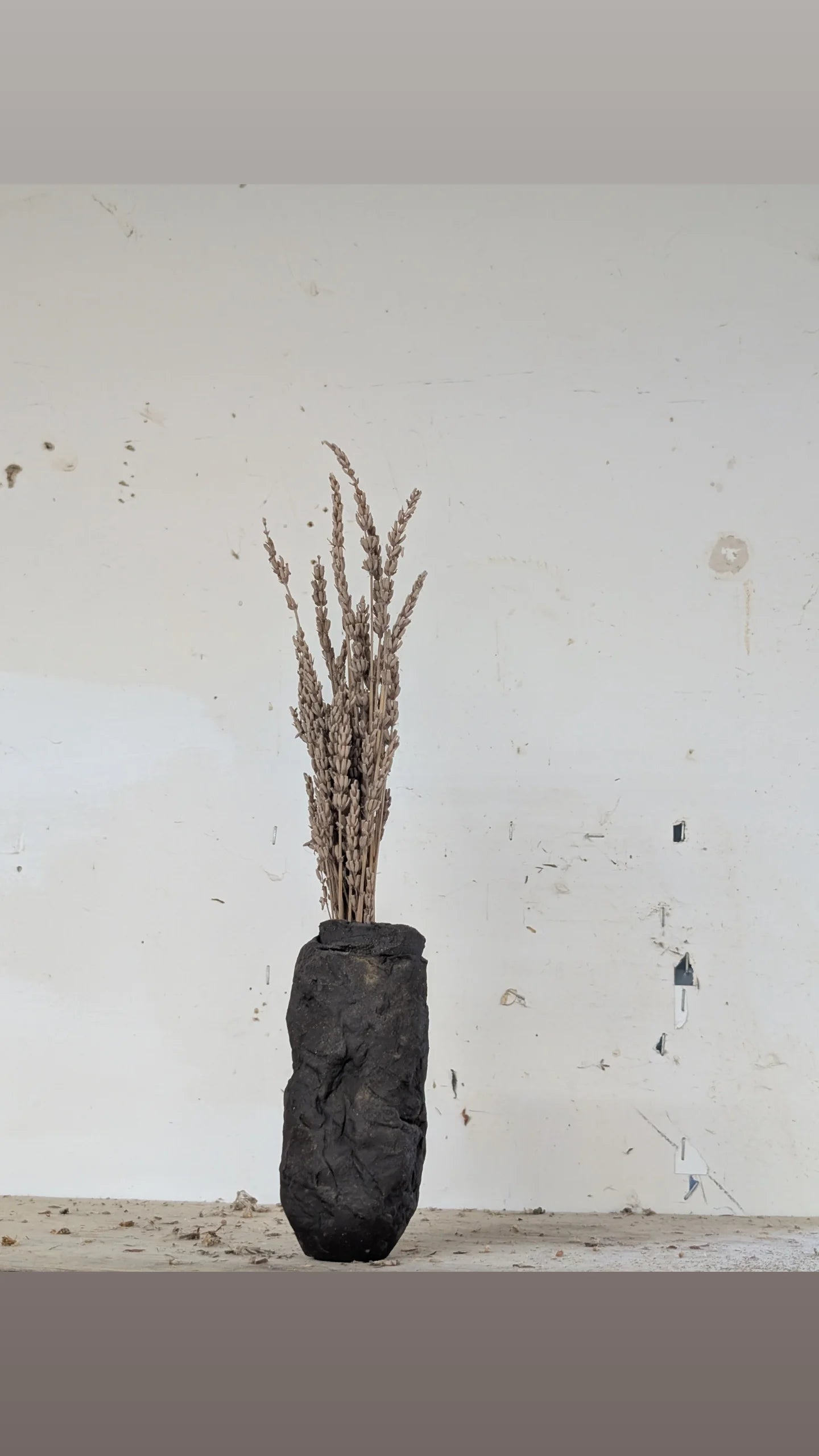Ceramic Piece 1749: Handbuilt Black Clay Vase – Raw Sculptural Form with Organic Wrinkled Surface
