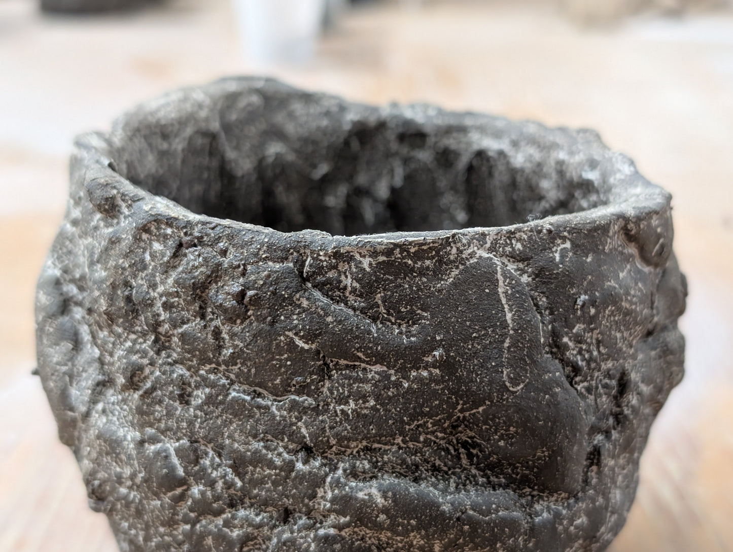 Handbuilt Black Stoneware Vessel - Weathered Stone Finish: Ceramic Piece 1769