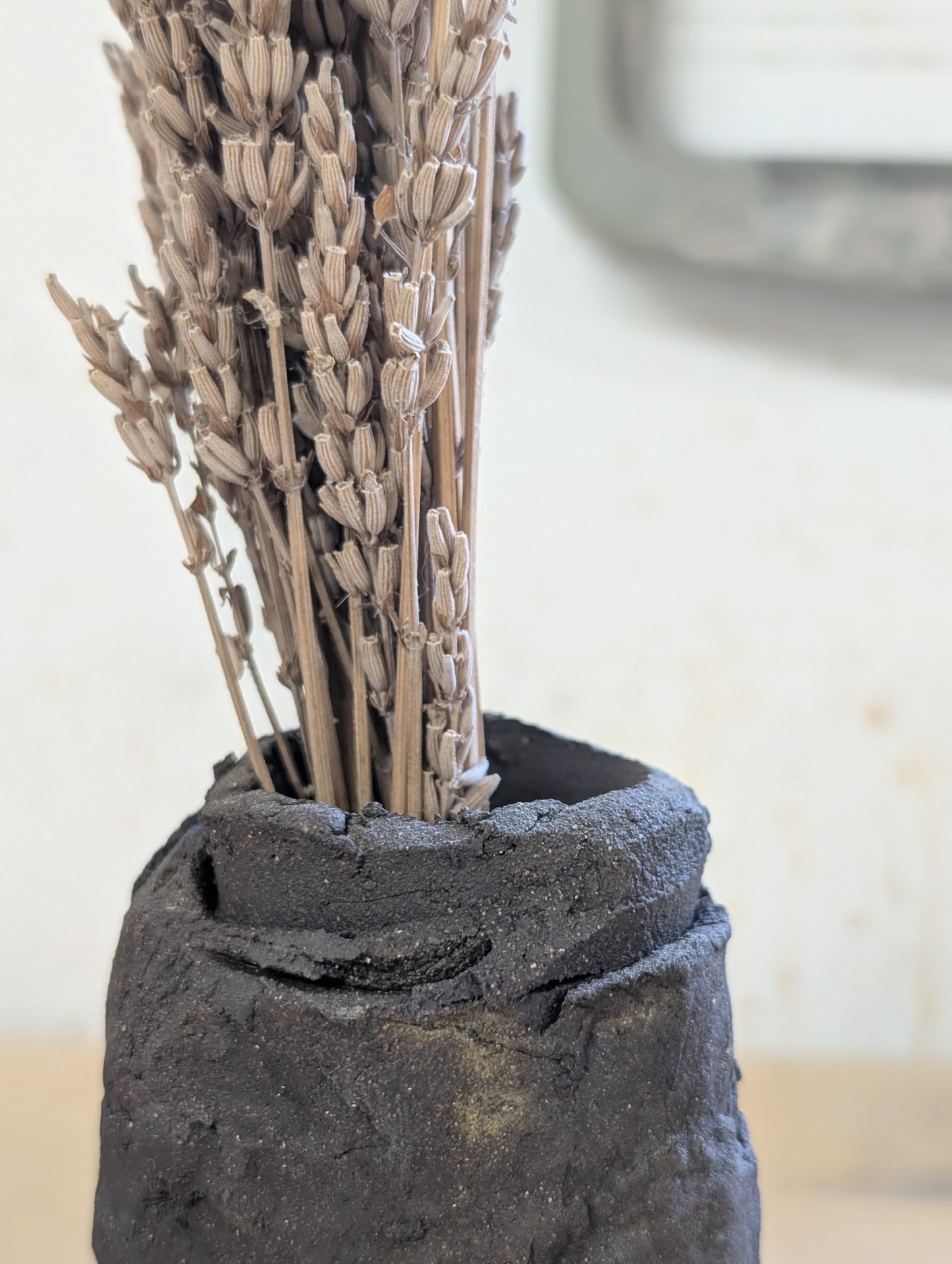 Ceramic Piece 1749: Handbuilt Black Clay Vase – Raw Sculptural Form with Organic Wrinkled Surface