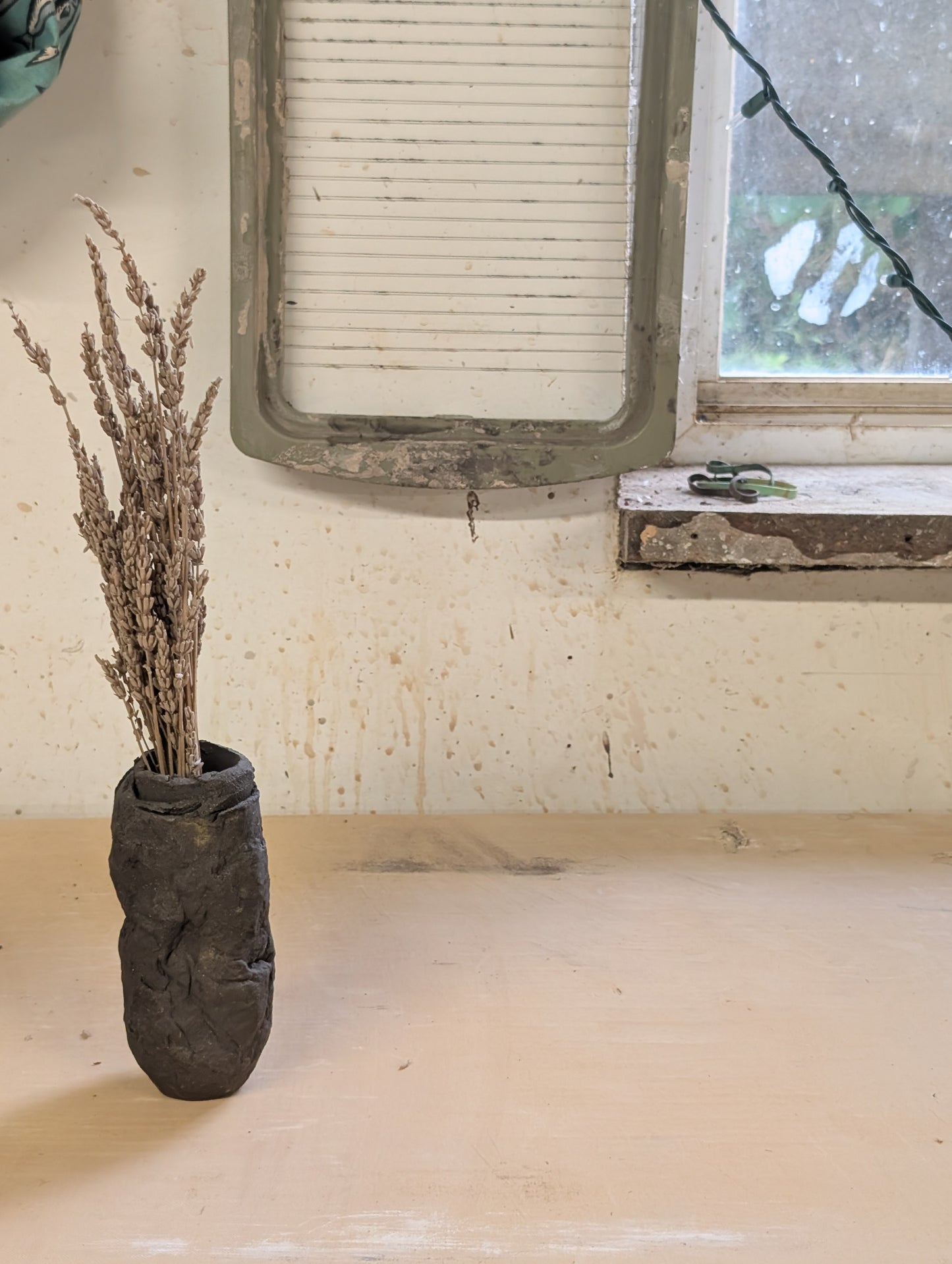 Ceramic Piece 1749: Handbuilt Black Clay Vase – Raw Sculptural Form with Organic Wrinkled Surface