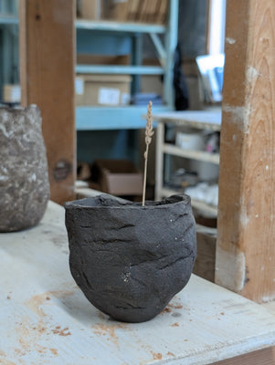 Handbuilt Black Clay Vessel – Raw Fired with Impressed Linework and Gentle Folds: Ceramic Piece 1753