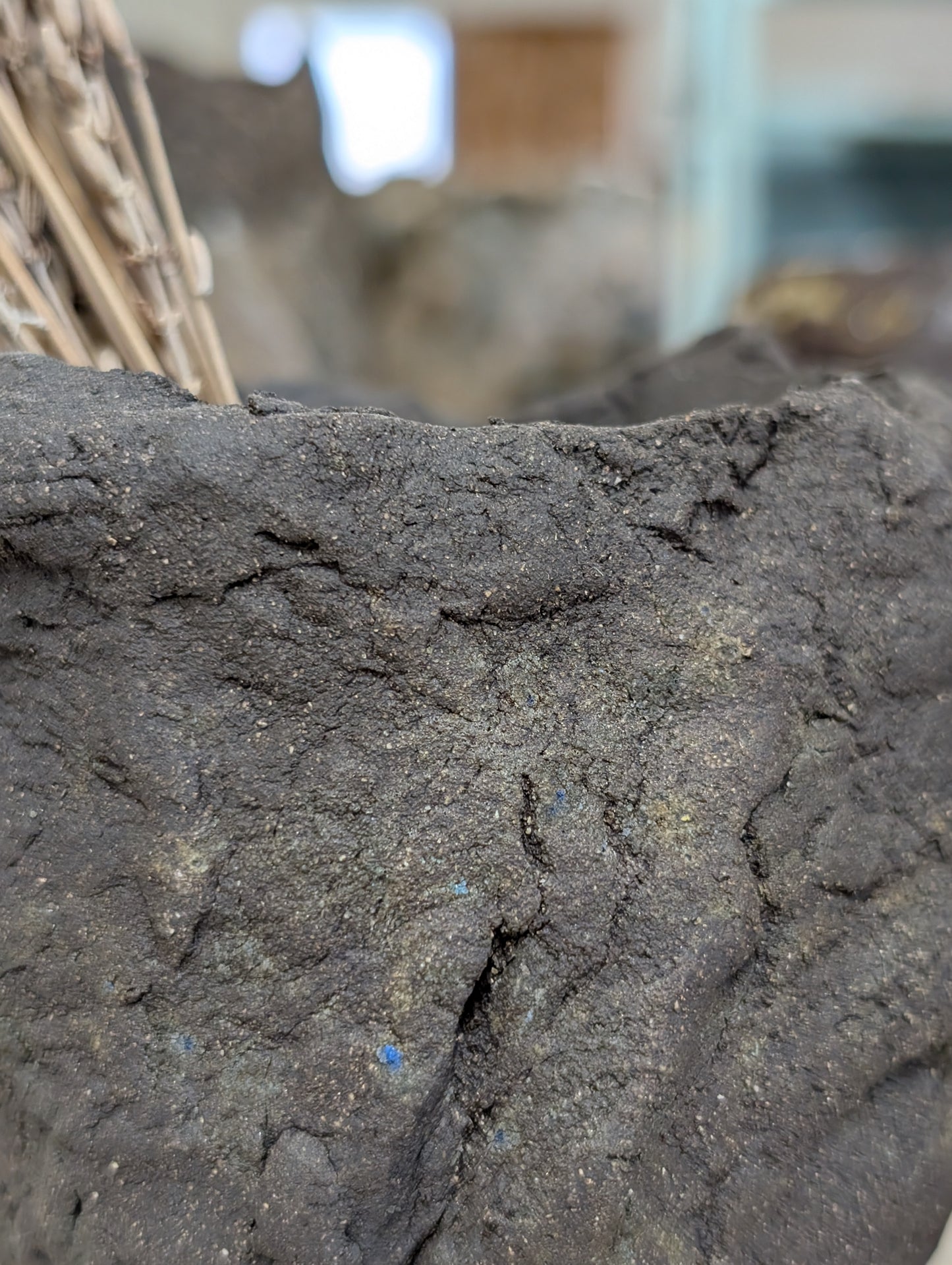 Ceramic Piece 1750: Handbuilt Black Clay Vase – Raw Sculptural Form with Organic Wrinkled Surface